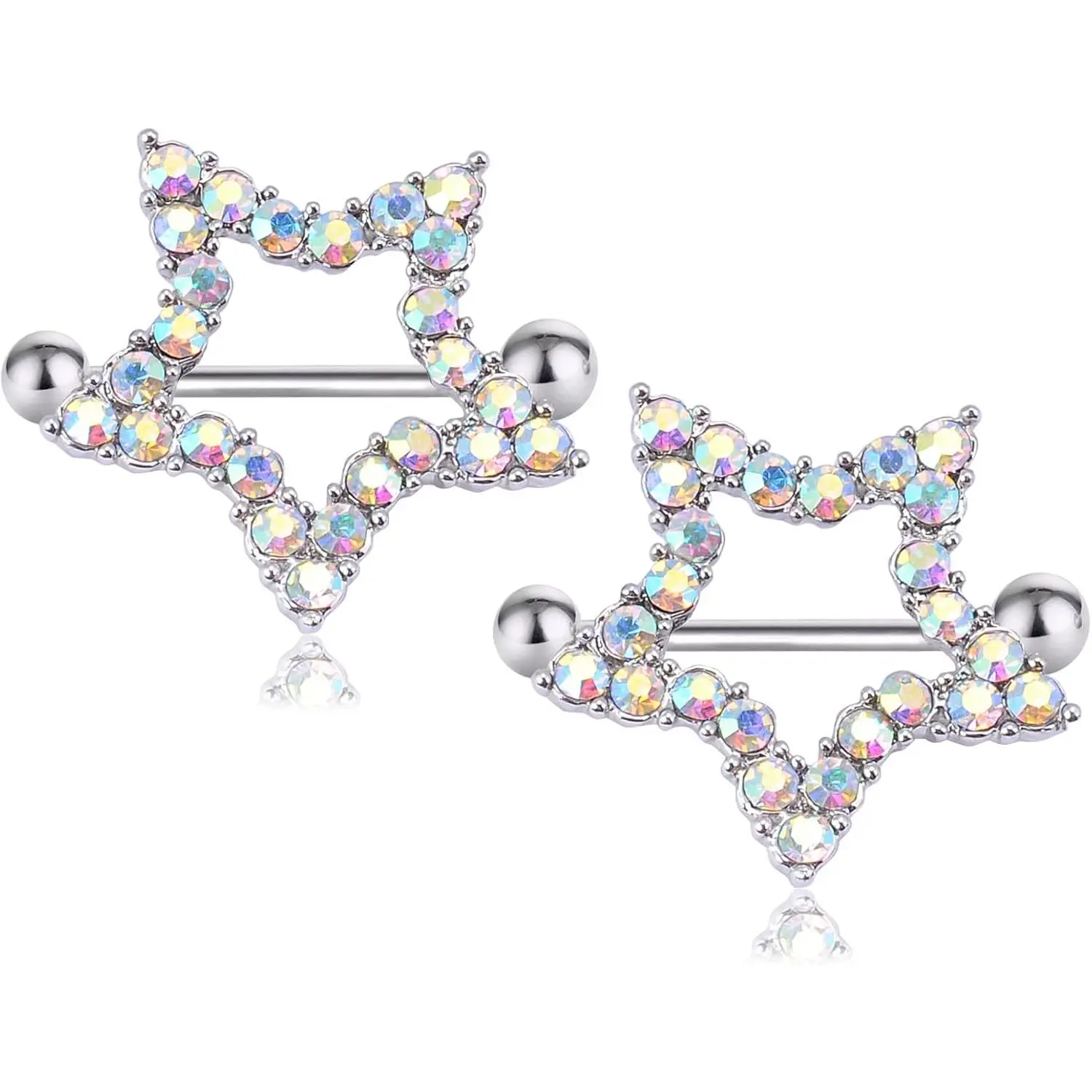 316L Stainless Steel Nipple Barbell Ring Pair - 14G, 7/16 inch Length, Rhinestone-Paved Star Shields, Rainbow Cubic Zirconia Bling Effect, Nickel & Lead Free Body Jewelry for Men & Women, Ab Colorful, Allergy Safety, Metallic Body Piercing Jewelry, Screw,