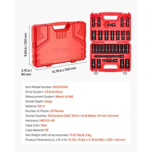 VEVOR 1/2 in Drive Impact Socket Set, 29 Piece, 6 Point Deep Impact Sockets, SAE (3/8 to 1 inch) and Metric (10 to 24 mm) Sizes with Extension Bars (3, 5, 10 in), Cr-V Steel, Heavy Duty Carrying Case