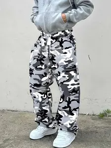 Men's Casual Military Camouflage Pants, Letter Print Loose-Fit Drawstring Wide Leg, All-Season Comfortable Men's Clothing