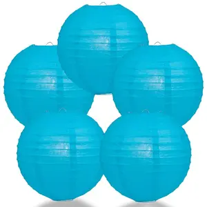 5-PACK 14" Turquoise Round Paper Lantern, Parallel Ribbing, Chinese Hanging Wedding & Party Decoration