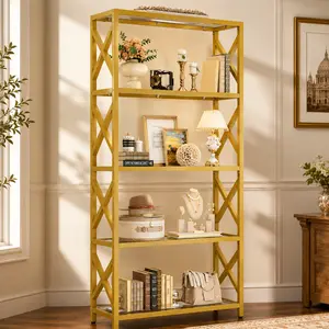 Homieasy 5 Tiers Open Gold Bookshelf, Curio Cabinet Bookcase with LED Lights, Tempered Glass Display Shelf with Metal Frame, Luxury Display Rack Storage Organizer for Collectibles Living Room, Bedroom