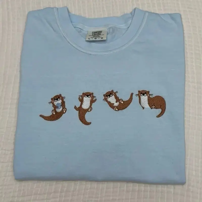 Comfort Colors Cute Otters Embroidered Summer Spring T-shirt by Adrian Originals, Soft Premium Garment-Dyed Vintage Cotton Tee, Made In The USA	
