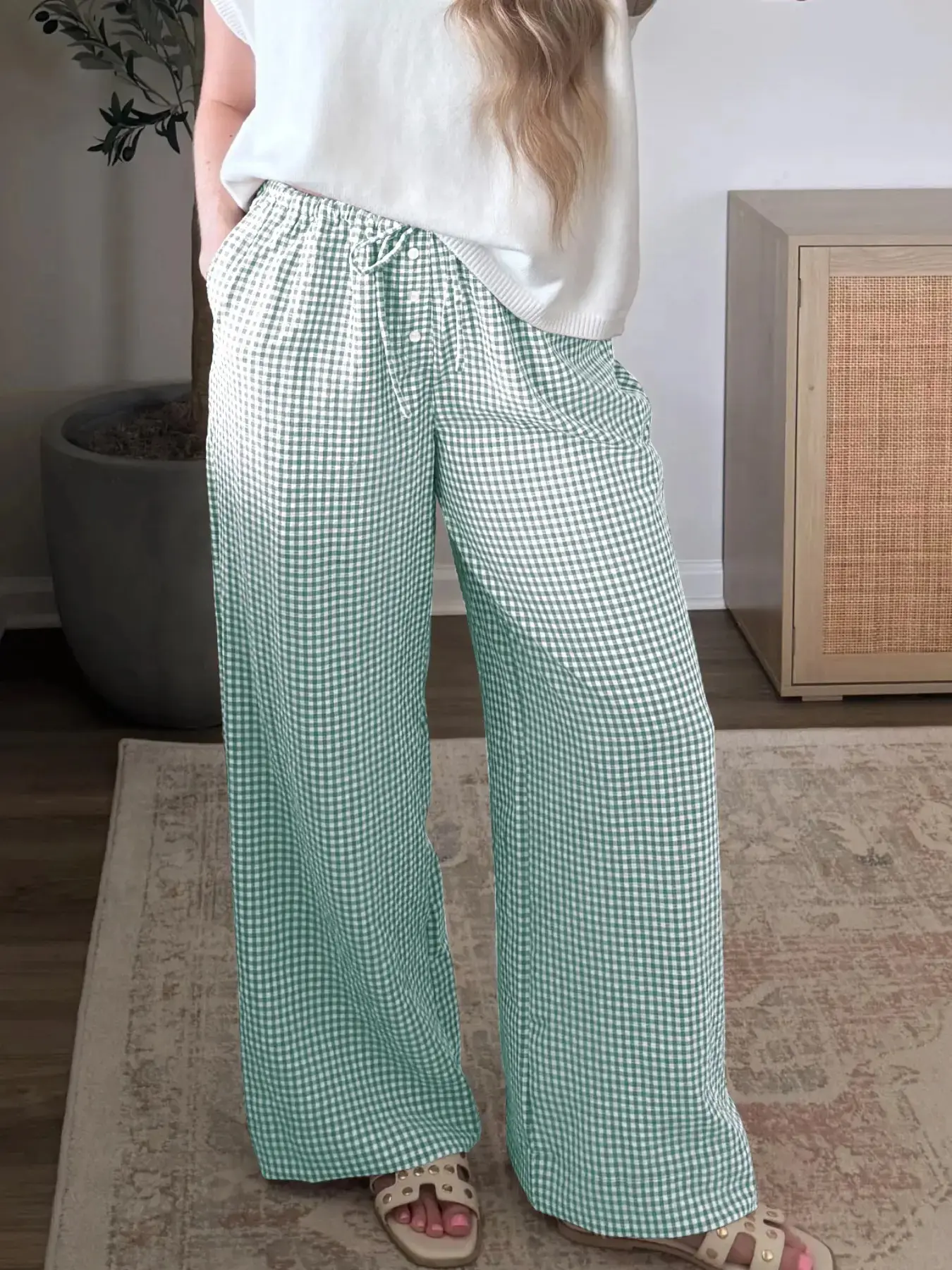 Women's Plaid Cotton Wide Leg Long Pants, Loose Button Design Elastic Waist Pocket Detail, Aesthetic Street Fashion Bottoms Tailored Comfort, Sleek Line Flattering Drape Modern Proportion
