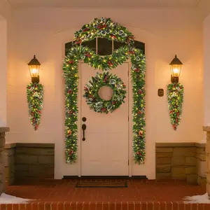 Christmas Set of 6 Pre-Lit Battery-Operated Wreaths. Warm White LED Lights for Indoor/Outdoor, Flame Retardant & Ready to Hang.