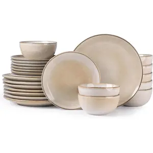 Ceramic Dinnerware Sets for 8, 24 count Stoneware Plates and Bowls Sets, Reactive  Dishes -Scratch Resistant, Dishwasher&Microwave Safe-Cappuccino