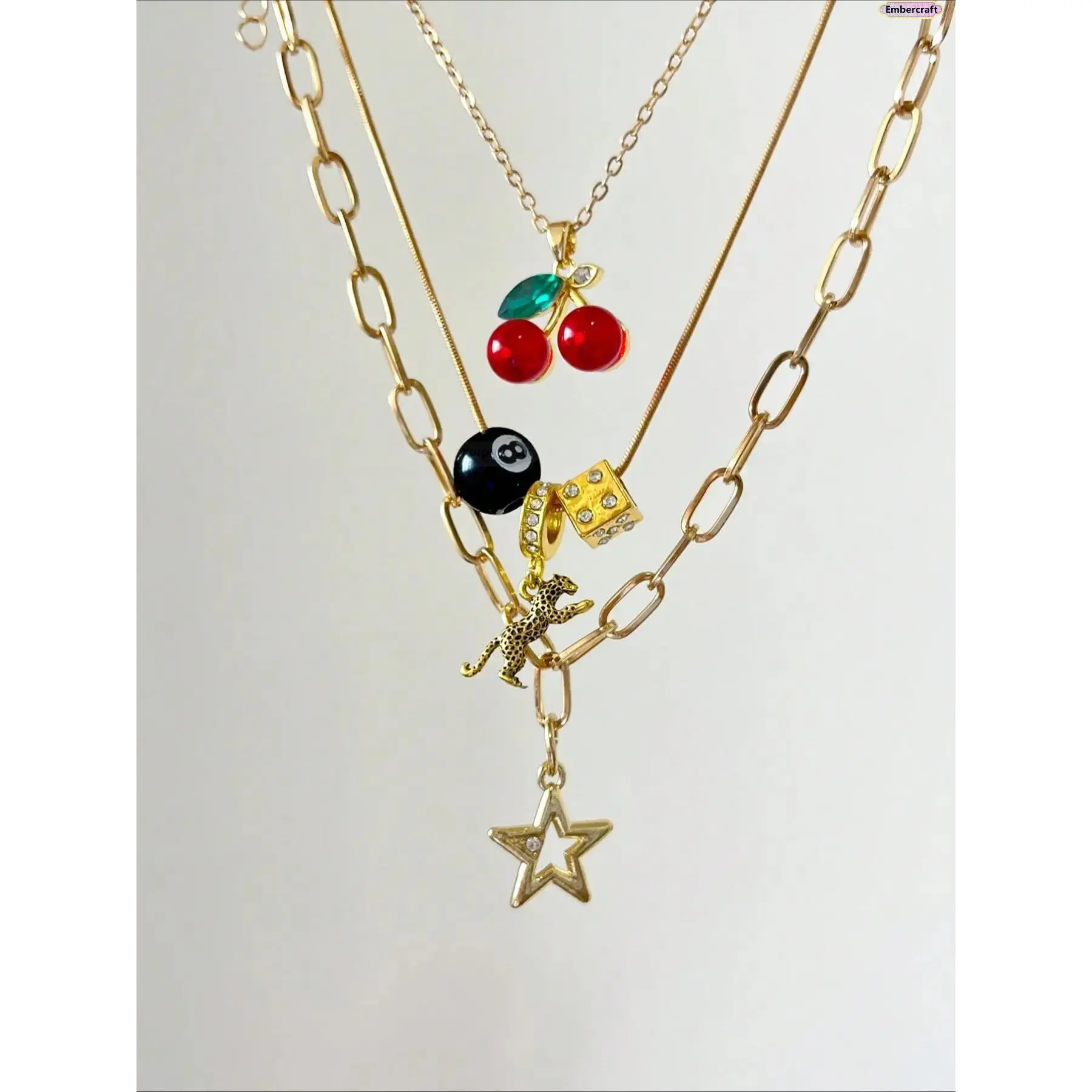 Women's 3PCS Y2K Layered Charm Necklace Set - Leopard Print, Cherry, 8 Ball, Dice, Star Pendants, Whimsical Girly Feminine Accessories, Party-Ready, Teenage Girls Gifts for Daily Wear