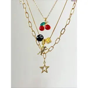 Women's 3PCS Y2K Layered Charm Necklace Set - Leopard Print, Cherry, 8 Ball, Dice, Star Pendants, Whimsical Girly Feminine Accessories, Party-Ready, Teenage Girls Gifts for Daily Wear,summervibes