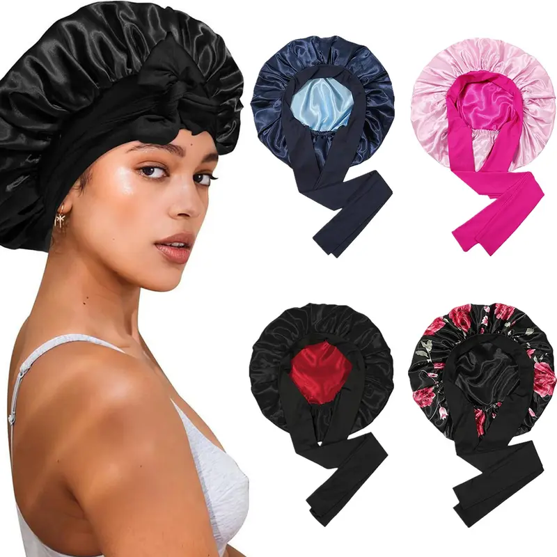 AWAYTR Women's Soft Satin Bonnet - Lightweight Silk-Like Anti-Frizz Sleep Cap with Elastic Tie Band, 2-Color Reversible Double-Layer Care Design, Moisture-Lock Haircare for Curly Hair, Casual Valentine's Day Gift Accessory