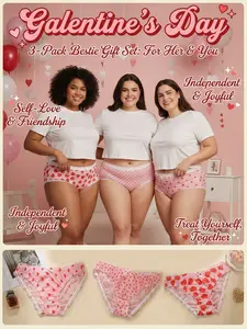 3-Pack Heart Print Plus Size Fitted Panties, Soft Breathable Lace Trim & Bow Details, Sexy Sweet Cool Style for All Seasons