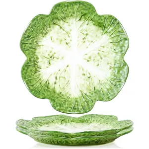 2 Pcs of Cabbage Plates, Green Ceramic Salad Plate, 10.5 Inch Porcelain Decorative Plates for Kitchen, Round dishware for Dessert, Decorative, Dinner, Pancakes, Microwave & Dishwasher Safe
