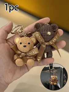Sitting Bear Keychain with Tag and Bow, Resin Imitation Design, Cute Teddy Bear Accessory for Bags and Cars, Durable Keyring for Couples, Bag Charms