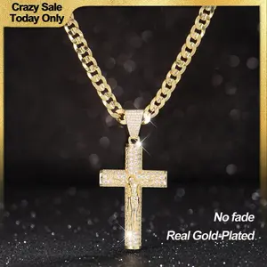 Real Gold-Plated Cross Necklace for Men,Tarnish-Free Cuban link chain Figaro Rope Miami Chains with Jesus Crucifix Pendant, 24" Long , Christian Religious Jewelry Gift