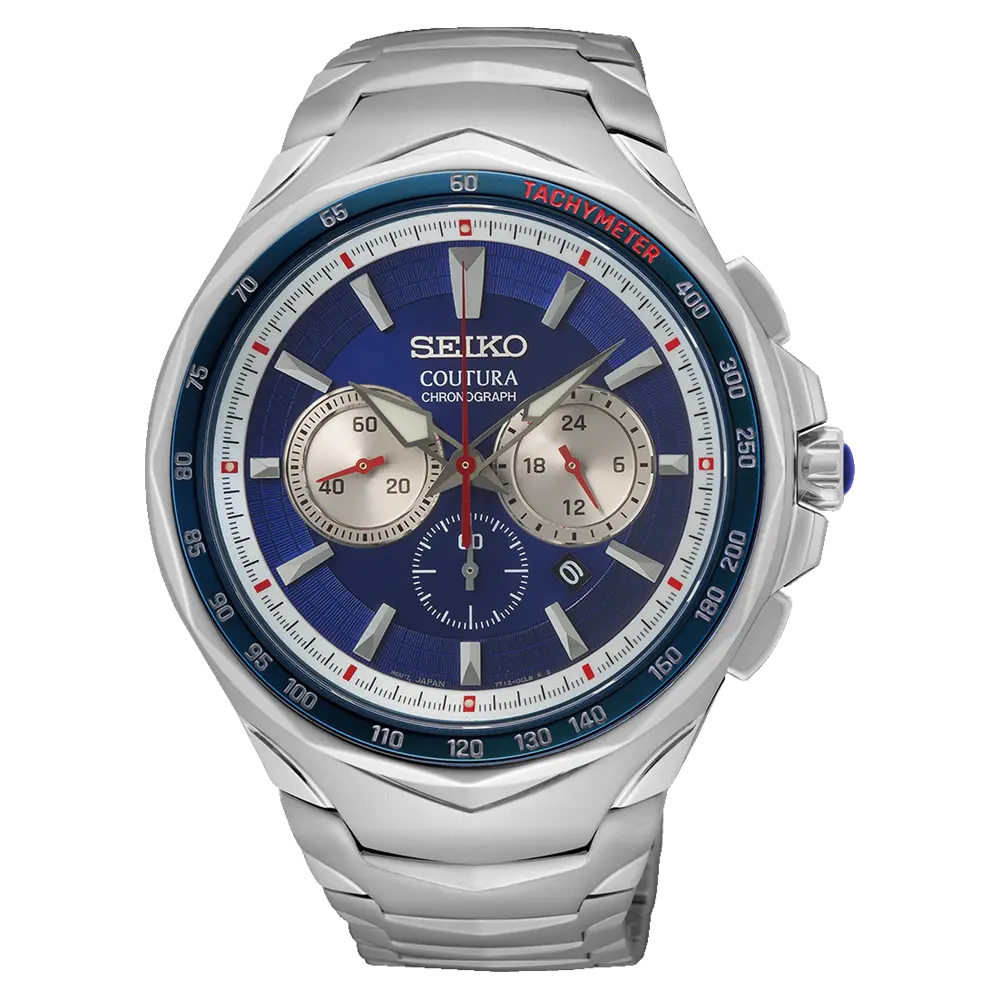 Seiko Coutura Men's Classic Masculine Design Quartz Watch - Blue Dial, 45.6mm Case, Silver Stainless Steel Band, Chronograph, 100M - 200M Water Resistance, Date Function (SRWZ21), Masculine Design Quartz Watches