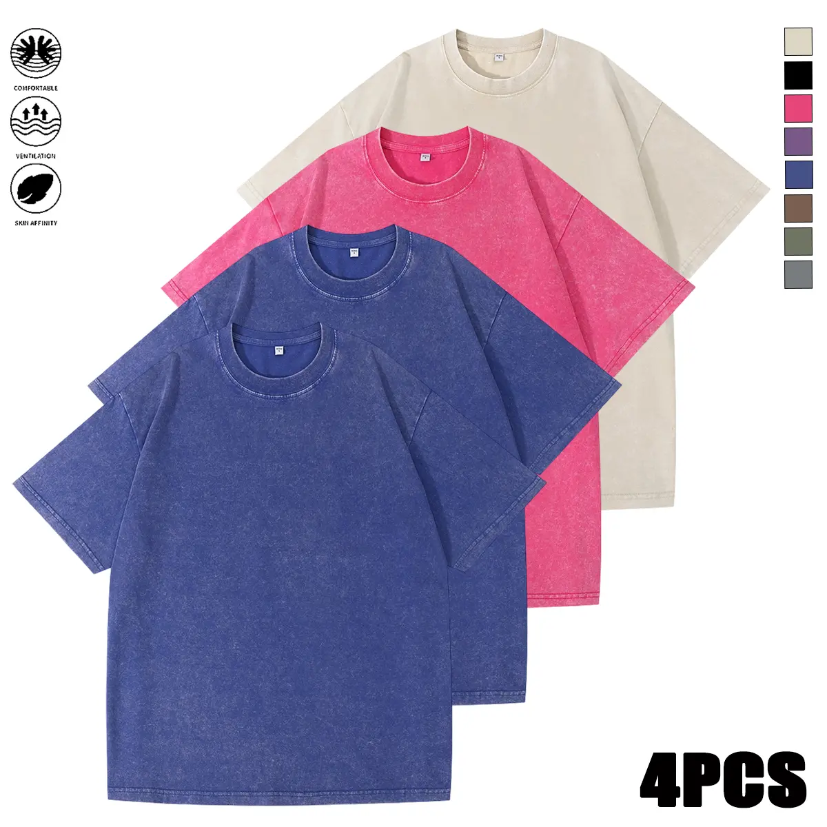 Men's Pure Cotton Short-Sleeve Round Neck T-Shirts (4-Pack) - Breathable Fabric, Skin-Friendly Non-Irritating, Cooling Benefits, Prevents Heat Buildup, Lightweight Solid/Tie Dye Summer Tops, Easy to Wash, Ideal for Outdoors & Casual Wear