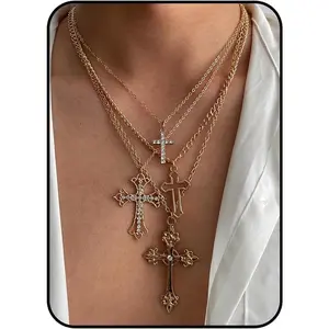 Silver Layered Cross Necklace Set For Women, 4Pcs Pearl Rosary Choker Chunky Christian Pendant Vintage Long Y Gold Necklace Stack Religious Statement Boho Gothic Adjustable Jewelry Gift