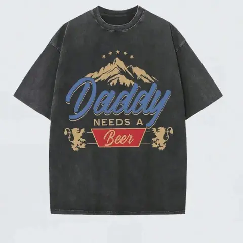 Men’s 230G Heavyweight Cotton Vintage Crew Neck Shirt - Boxy Fit, Short-Sleeve, Digital Printed Retro Humor "Daddy Needs A Beer", Soft Breathable, Casual Mens Clothing, Everyday Wear, Father’s Day Gifts For Him, Men's Shirts Graphic Tee Top