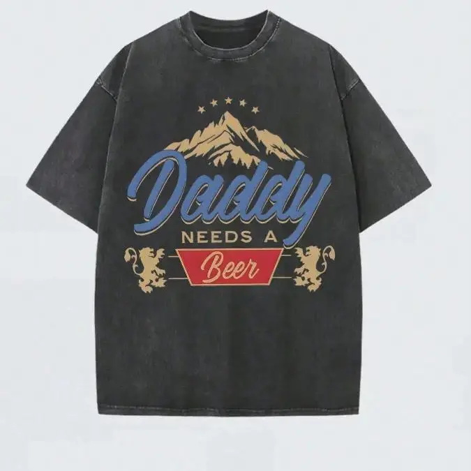 Men’s 230G Heavyweight Cotton Vintage Crew Neck Shirt - Boxy Fit, Short-Sleeve, Digital Printed Retro Humor "Daddy Needs A Beer", Soft Breathable, Casual Mens Clothing, Everyday Wear, Father’s Day Gifts For Him, Men's Shirts Graphic Tee Top