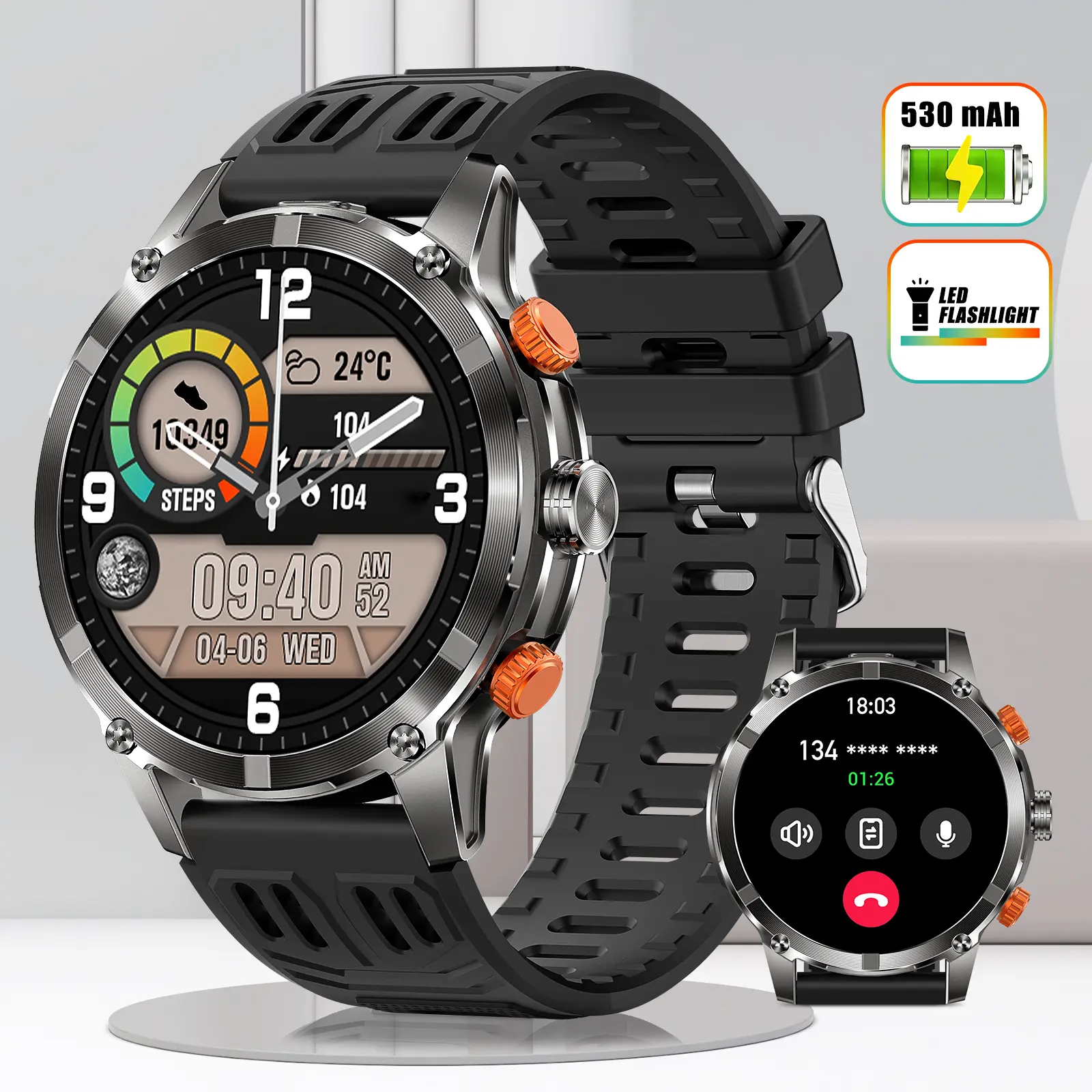 EIGIIS Rugged Smart Watch for Men with LED Flashlight (Answer/Make Call), Outdoor Sports Smartwatch with 530mAh Big Battery, IP67 Waterproof Digital Watch with 100+ Sports Modes, Tech Gift for Men iOS Android