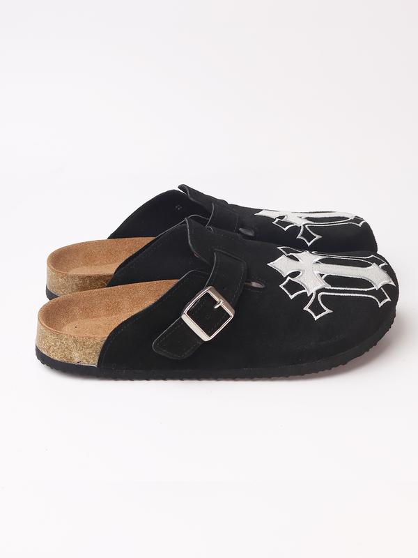 Embroidered Leather Sandals, Punk Style Cowhide Mules, Men's casual clogs Shoe Less Than Ankle Height, All Seasons, Rubber Sole Material, Stylish Punk Clogs