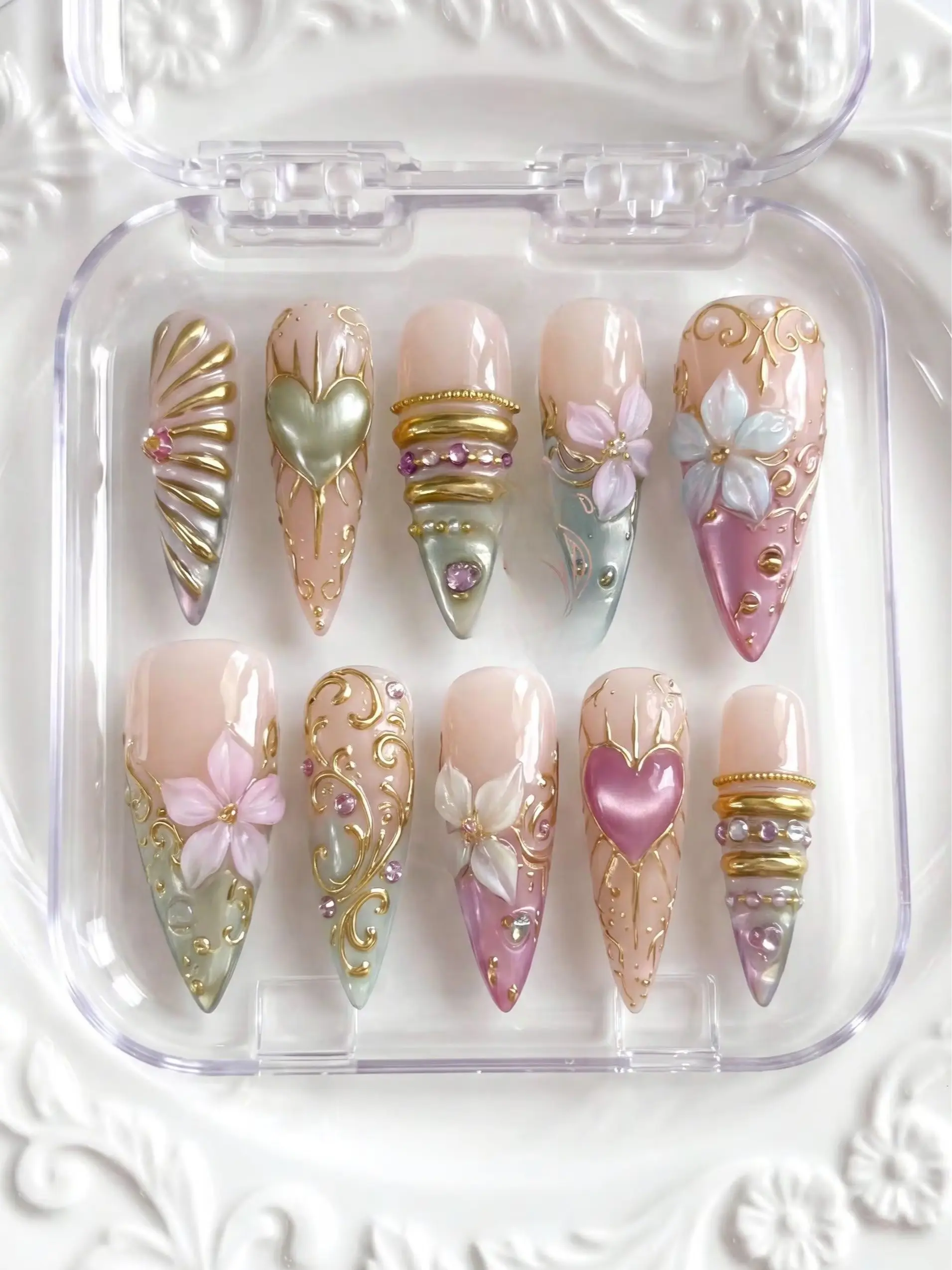 Vintage Royalty Press on Nails, 3D Sculpted Flower and Gold Filigree Heart