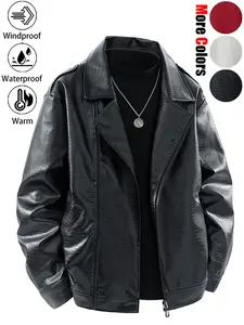 New Unisex Fashionable Oversized Windproof Warm Waterproof Durable Crocodile-Textured Red Leather Motorcycle Jacket, Versatile Multi-Pocket Personalized Trendy Couple's Leather Outfit, Ideal for Daily Commuting, Wilderness Exploration, Hiking, Fishing Out