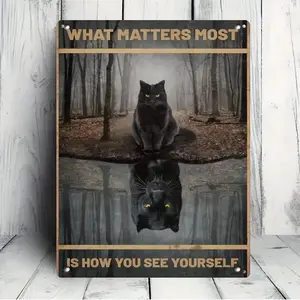 Retro Black Cat Metal Sign with Vintage Inspirational Quote Weatherproof Wall Art for Home Bar Garage and Lawn Perfect Unique Gift Idea in English 8x12 Inches