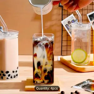 Set of 4 Square Glass Cups with Lids, Straws, And a Straw, Ideal for Beverages on The Go, Suitable for Iced Coffee, Great for Father'S Day, And Perfect for Use at The Office, Parties, Home, School, And Outdoor Activities