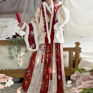 Hanfu female winter dress Song system Christmas and New Year warm suit-5PCS-plush，women's new year clothes suit，