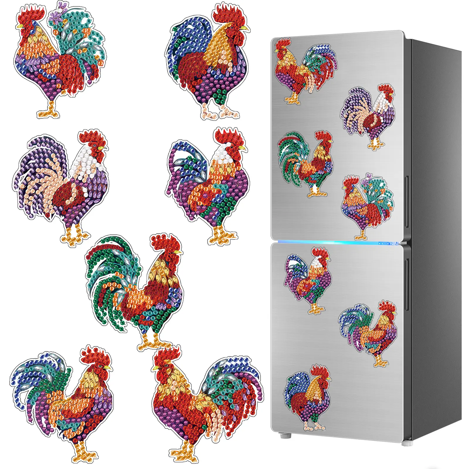 7-piece DIY diamond painting refrigerator magnet, 5D diamond art magnetic rooster ornament, handmade art decorative sticker, includes tool kit and magnetic backing, suitable for adults, Diy Fridge Magnets