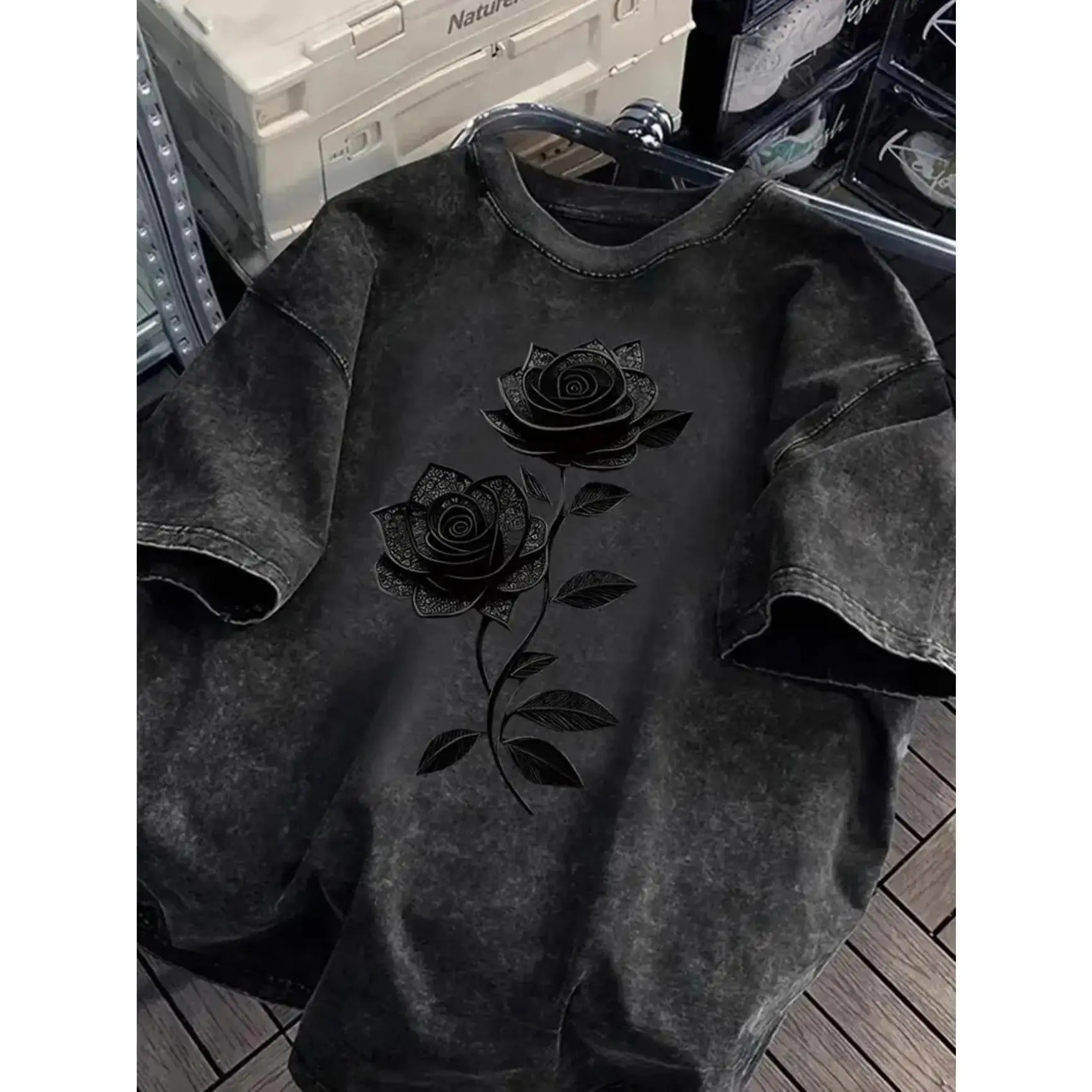 "Black Rose" Graphic Loose Fit Washed T-Shirt |   Unisex Vintage Streetwear Tee |   Soft Cotton Casual for Daily Outfit, Skater Y2K Goth Style apparel