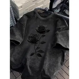 “Black Rose” Graphic Loose Fit Washed T-Shirt | Unisex Vintage Streetwear Tee | Soft Cotton Casual for Daily Outfit, Skater Y2K Goth Style
