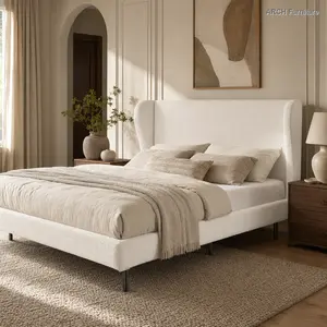 King Size Boucle Fabric Cloud Bed Frame with Wingback Headboard, Ergonomic Support, Sturdy Frame, Sturdy Metal Legs and Slats, No Box Spring Needed, White