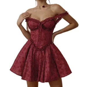 Spring/Summer Romantic Women's Embroidered Tie Front Ruffle Hem Cami Mini Dress, Sweet And Elegant Sexy Dress, Suitable For Wedding Season, Women's Summer Clothing, Concert Outfit Women