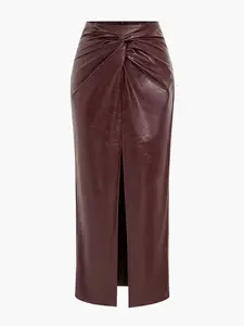 Faux Leather Twist Slit Skirt