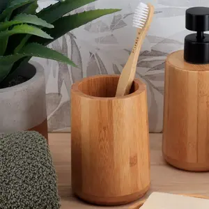 Bamboo Tumbler Cup & Toothbrush Holder Set - Durable Eco-Conscious Bamboo Bathroom Organizer for Toothbrushes & Toothpaste - Natural Design for Modern & Classic Home Decor