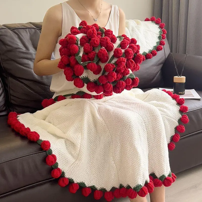 Hand-Woven Rose Bouquet Blanket - Blush Pink, Cozy Elegant Eternal Flower Shawl, Soft Touch Makes Lounging Luxe, Mother's Day Gift for Girlfriend