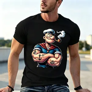 Popeye the Sailor Man Retro Graphic T-Shirt Fitted Short Sleeve Crew Neck Casual Cartoon Tee for Classic Animation Fans