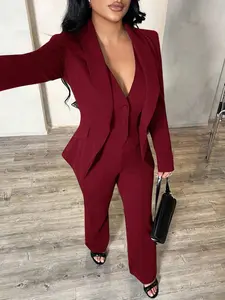 3pcs Set: Deep Blue Long Sleeve Blazer, Vest And Pants, Sexy Outfit For Commute And Date, Autumn/Winter,Business, Retro, Party, Resort, Outing, Old Money,Siren Coquettish, Prom, Ball, Valentine's Day, Cruise Attire, Commuting, Richly Layered, Date Night,