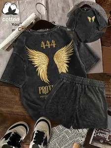 Washed cotton, golden wings "444" spiritual symbol of protection and peace of mind letter printed T-shirt and shorts, casual short-sleeved T-shirt and shorts, women's four-season two-piece suit, women's clothing, Womenswear