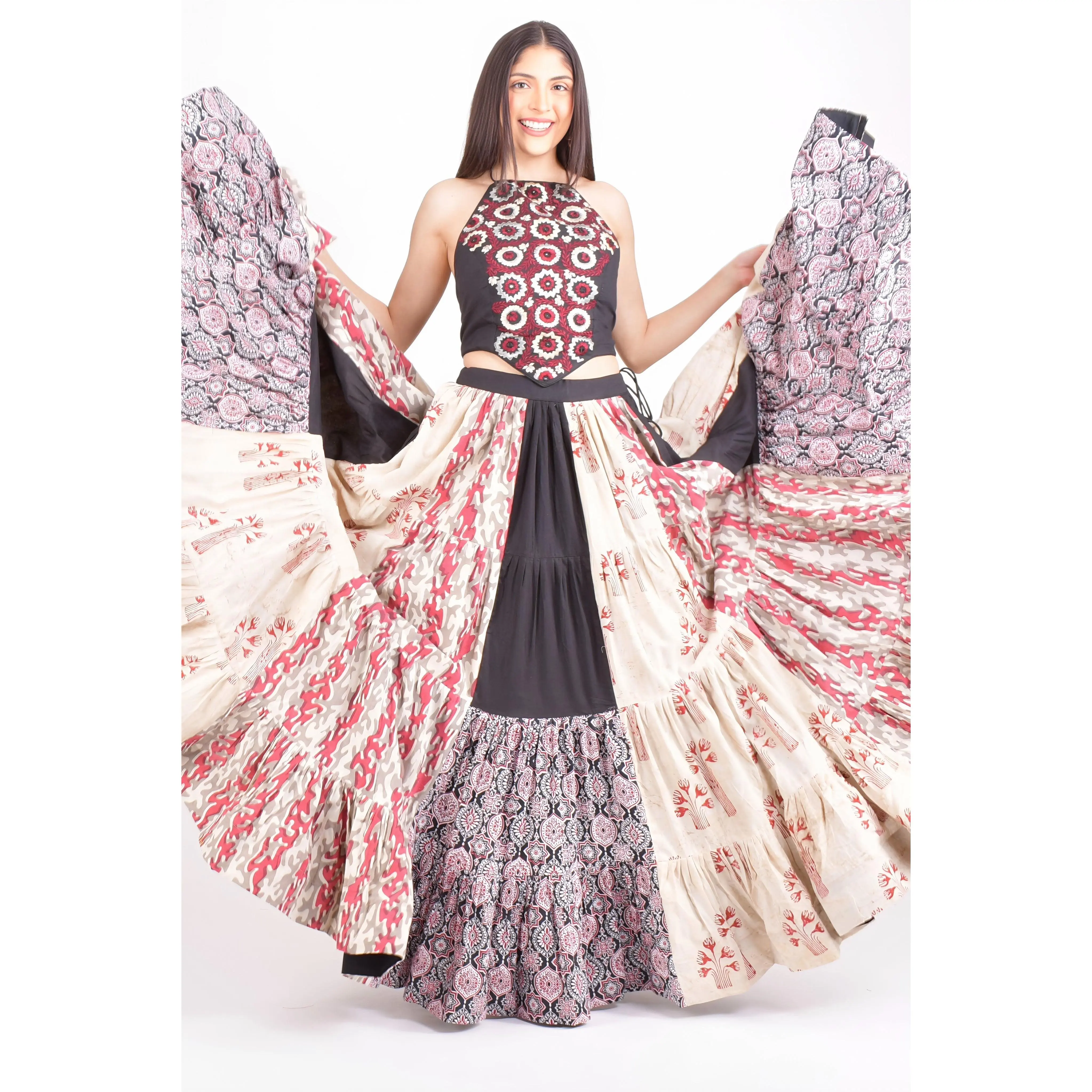 Full Flare Cotton Hand Blocked Chaniya Choli with Embroidered Blouse