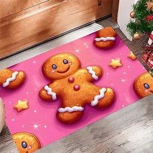 Festive Gingerbread Christmas Door Mat - Machine Washable, Soft Pink with White & Red Accents, Star & Cookie Design, Perfect for Home, Kitchen, Living Room, and Holiday Decor, Gingerbread Christmas Decorations
