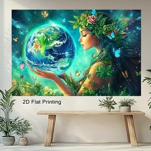 A 2D flat printing style fairy flower girl holding a planet backdrop and festival photography booth perfectly match. This dynamic backdrop is easy to hang, adding fun and vitality to your event. party banner