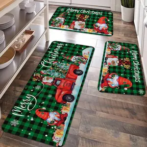 2/3pcs Christmas Kitchen Carpet Floor Mat, Retro Truck Transport Christmas Tree Santa Claus Gift Box Pattern Anti slip Floor Mat, Suitable for Christmas Decoration in Holiday Kitchen, Entrance Door, Laundry Room, Bathroom, Kitchen Rugs Sets