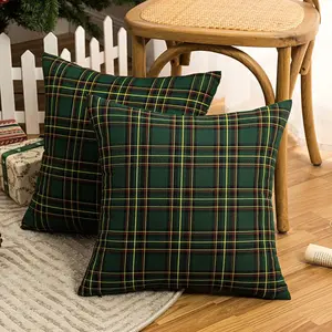 AQOTHES Pack of 2 Christmas Plaid Decorative Throw Pillow Covers Scottish Tartan Cushion Case for Farmhouse Home Holiday Decor Green, 18 X 18 Inches AQOTHES