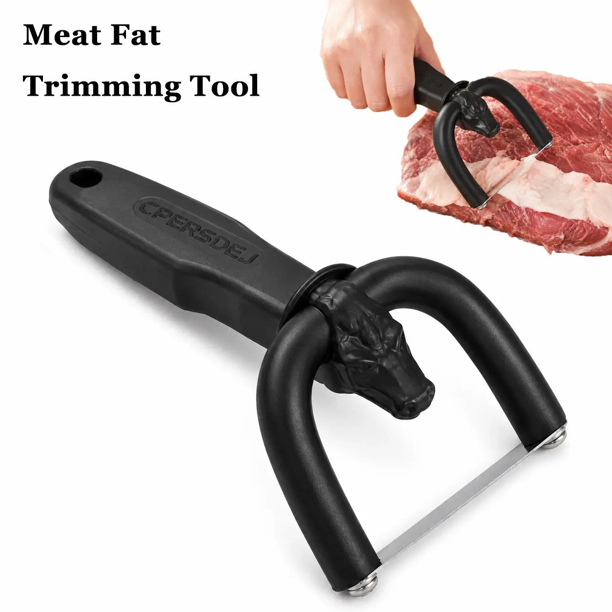 CPERSDEJ Manual Handheld Meat Cutter & Fat Trimmer - Steel-Wood Curved Handle, Thin Cutting Blade for Beef, Pork, Kitchen Prep