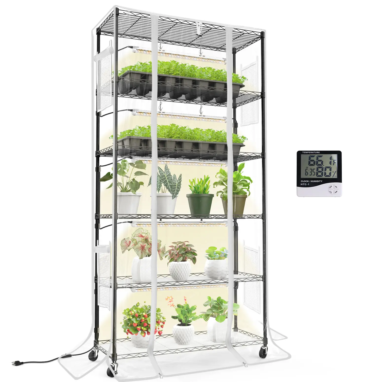 Bstrip 71-in Tall Metal Indoor Greenhouse Cabinet, 35.4"x13.8" Climate Control Unit with 24W T8 Full Spectrum Grow Lights, Cover, Independent Switches, Heat & Humidity Retention, Prevents Soil & Water Damage, Stable Positioning for Indoor Gardening