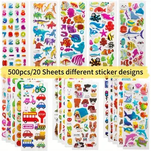 500pcs/20 sheets 3D Stickers for Kids & Toddlers Bulk Preschool Sticker Sheets for Reward, Craft,Puffy Stickers Variety Pack with Animals, Numbers, Fruits, Fish, Dinosaurs, Cars & More for Scrapbooking Sticker Packs