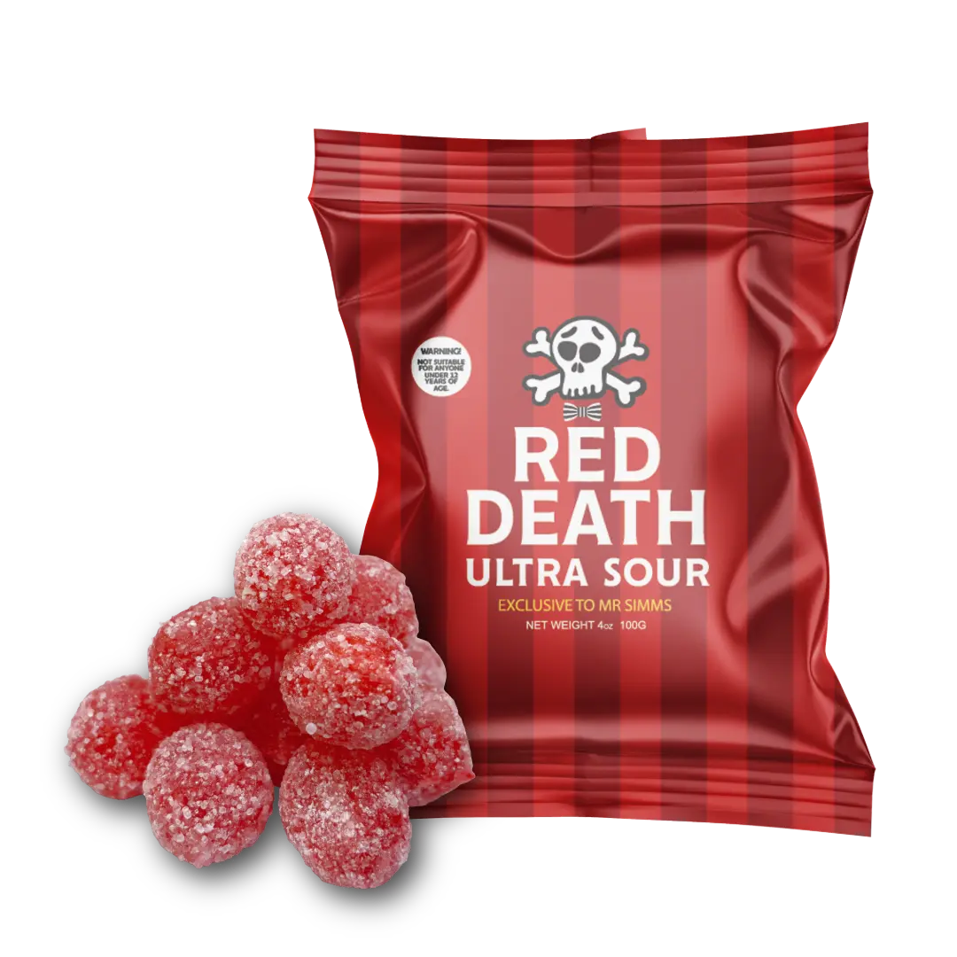 Mr. Simms Red Death Ultra Sours Snack, Tangy Sugar-Loaded Candies for Quick Treats