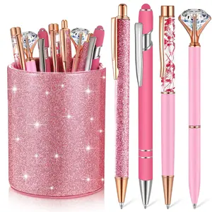 8 Pcs Ballpoint Pens with Pen Holder for Desk Metal Crystal Diamond Pen Glitter Pencil Holder Fancy Pens Black Ink Bling Desk Organizer for Women Girls Office School Wedding Gifts (Pink)