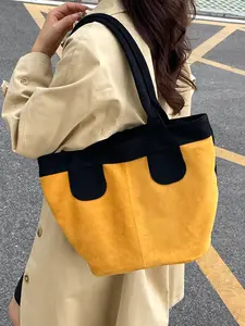 Women's Colorblock Patchwork Tote Bag, Premium Matte Fabric, Fashionable Retro Style, Versatile Daily Use Handbag